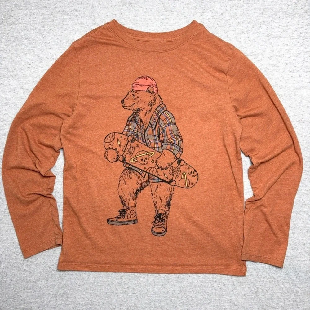 Cat & Jack Boys Youth Long Sleeve Graphic T Shirt L 10/12 Orange Skateboard Bear
